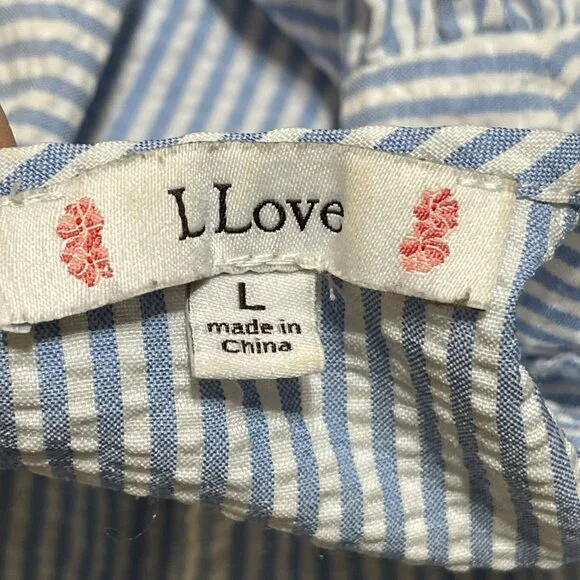 L Love Top Seersucker Blue White Size L Large Ruffle Cap Sleeve - Picture 6 of 7